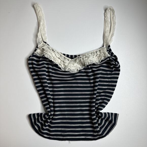 Gloria Caram Y2K Stripe Lace Tank Top S Navy Coquette England Eurocore Cute - Picture 3 of 13